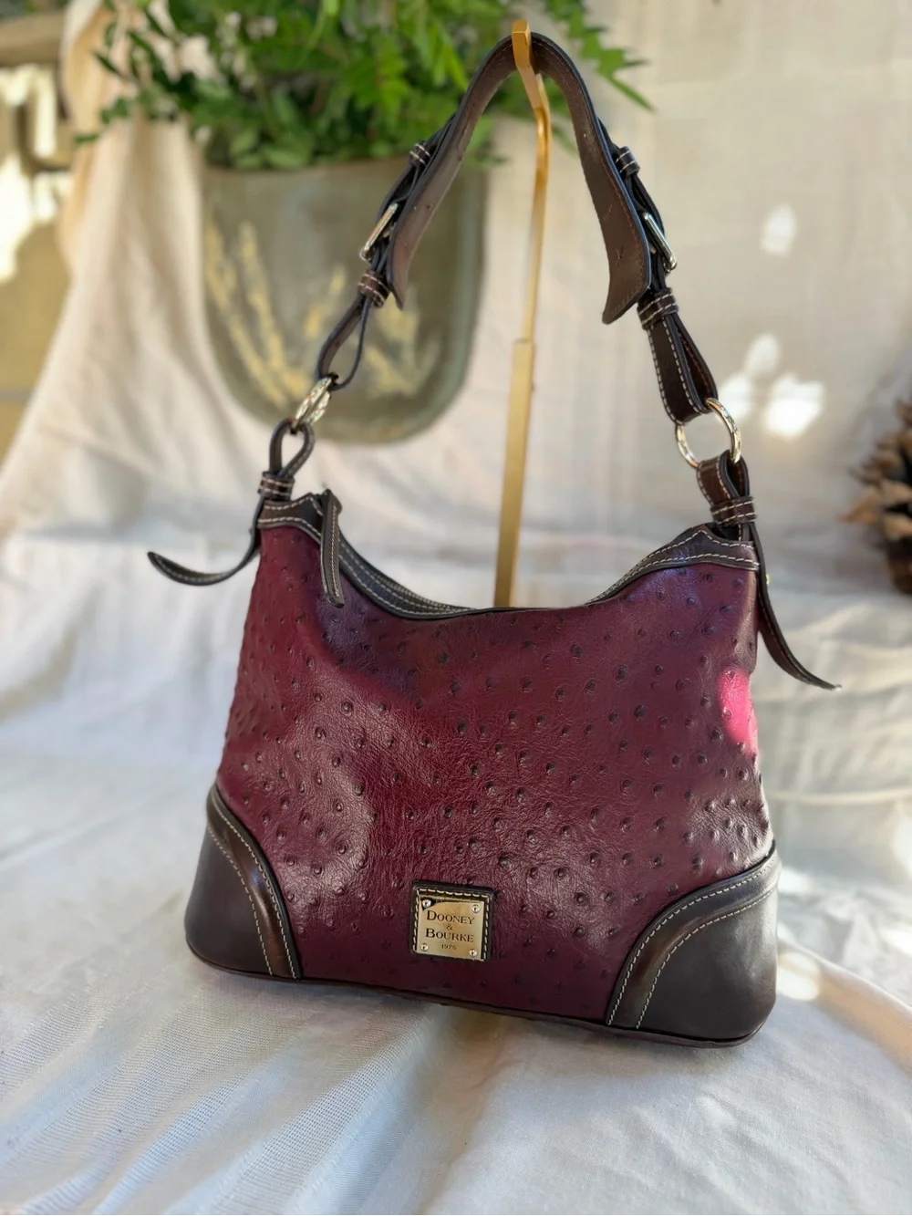 Dooney & Bourke Plum Ostrich-Embossed Leather Shoulder Bag with Brown Trim